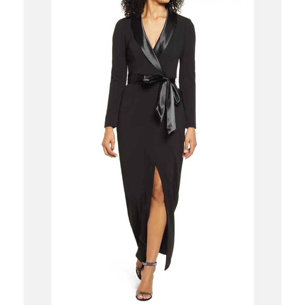 Eliza J Womens Wrap Dress Solid Black Belted Midi Long Sleeve Surplice 18 New